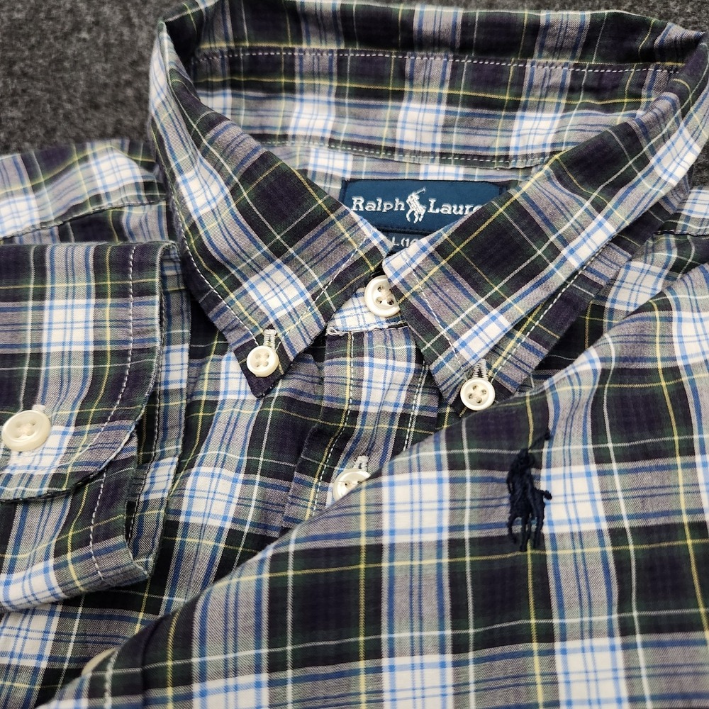 Ralph Lauren Boys Large 14-16 Green Blue Plaid Button Down‎ Shirt